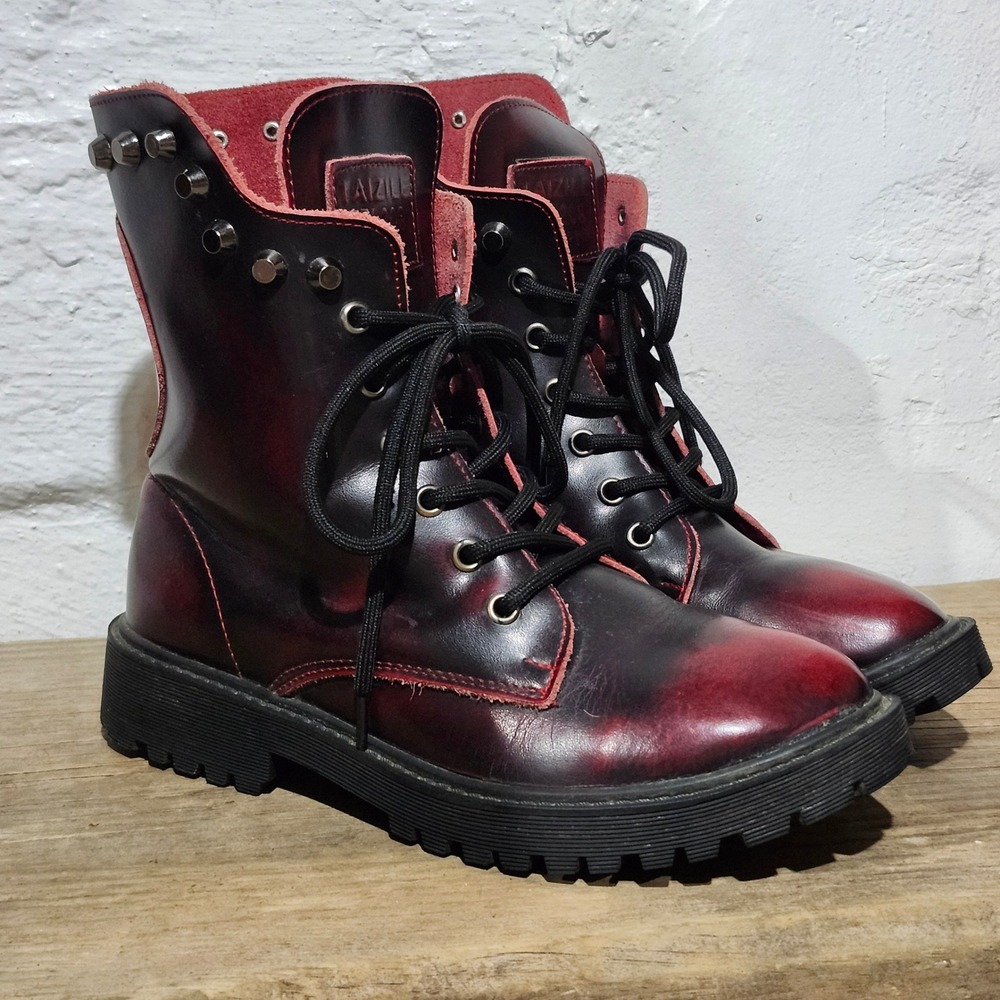 Taizile TZL208 Sport Studded Skull Combat Boot Blk Red Rub Off Leather Lug W 8.5